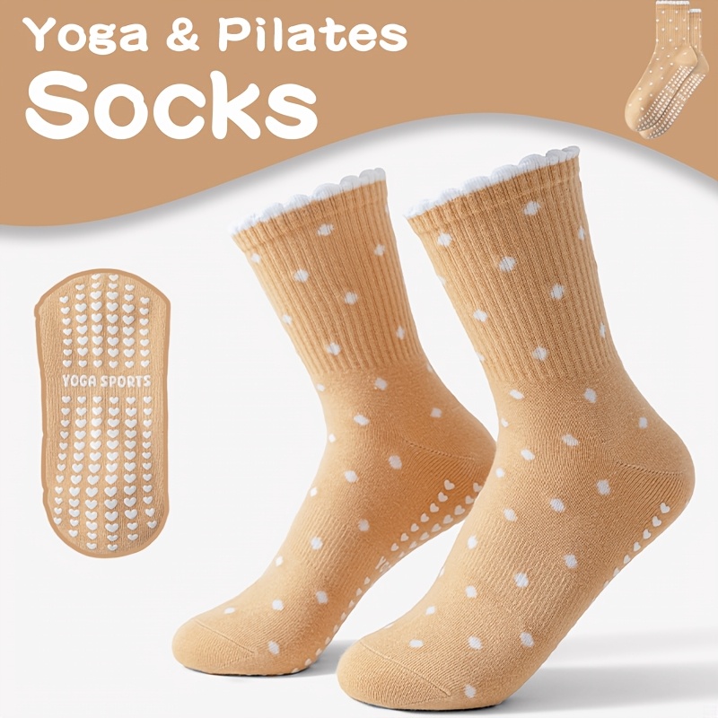 Medias Para Pilates Y Yoga - ถุงเท้าโยคะสีน้ำตาลสำหรับผู้หญิง ลายจุดสีขาว กันลื่น ทนทาน นุ่ม ระบายอากาศได้ดี